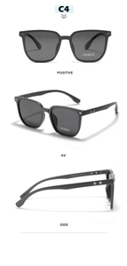 Drei Ansichten der matt schwarzen quadratischen TR90 Polarisations-Sonnenbrille mit Details