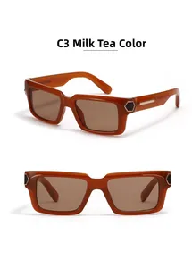 Detail view of Y2K rectangle sunglasses in milk tea color with metal rivet hinges