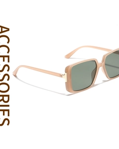 Detail view of rectangular sunglasses showing a beige frame and golden hinge decoration