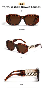Detail of tortoise shell square sunglasses with gold chain temples and brown lenses