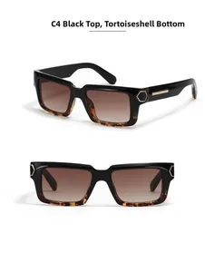 Detail view of square Y2K sunglasses with black and tortoise frames and gold rivets
