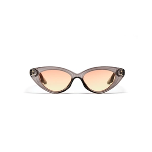 Retro cat-eye sunglasses with transparent grey frames and orange gradient lenses