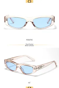 Detail view of cat eye sunglasses with translucent tea frames and light blue lenses