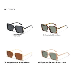 Detailed view of four rectangular sunglasses styles in black, tortoise, beige and tea frames