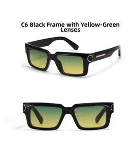 Square Y2K sunglasses in black frame with yellow-green gradient lenses and gold rivets