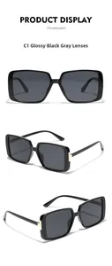 Detailed views of rectangle sunglasses featuring gold T-shaped metal accents and dark grey lenses