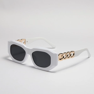 2024 Fashion square white polarized sunglasses with gold metal chain temple accents