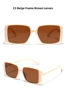 Rectangle oversized sunglasses with cream frames and brown lenses shown in two angles
