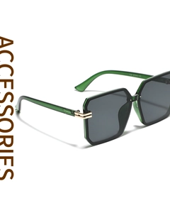 Detailed side view of green square sunglasses with gold metal stripe accents on temples