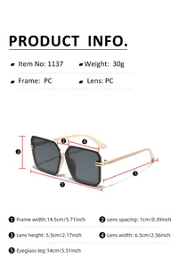 Detailed size chart for oversized square sunglasses showing frame and lens dimensions