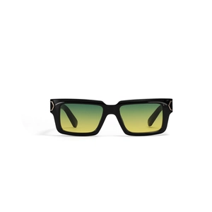 Square Y2K futuristic sunglasses with black frame and green-yellow gradient lenses