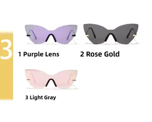 Trois paires de lunettes de soleil œil-de-chat sans monture en violet et or rose