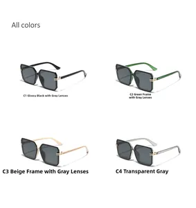 Detail display of large square sunglasses in black, green, beige and transparent grey colors