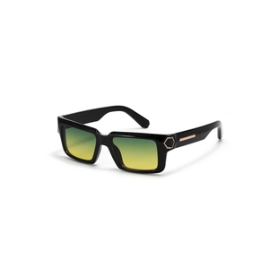 Y2K square black sunglasses with green gradient lenses and gold hexagonal rivets