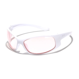 Y2K futuristic white cycling sunglasses with pink lenses and silver star accents
