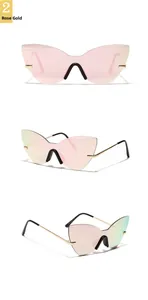 Vue en trois angles de lunettes de soleil œil de chat sans monture en or rose élégant