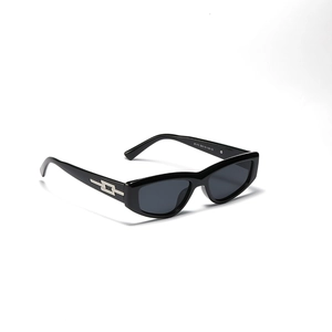Retro slim cat eye sunglasses with black frame, grey lenses and silver metal buckle