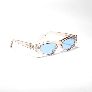 Retro cat-eye narrow frame sunglasses with pink frames and light blue lenses