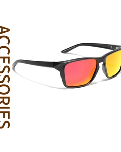Detailed view of square TR90 sunglasses with red-yellow gradient polarized lenses