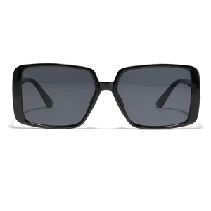 Retro rectangle oversized sunglasses with black frame and dark lenses on white background