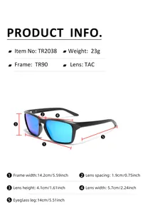 Detailed size chart for TR90 polarized sunglasses showing frame and lens dimensions