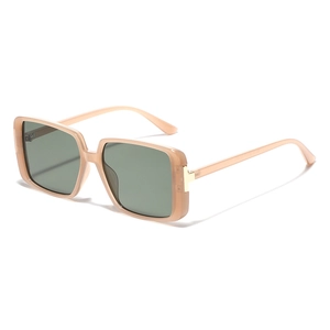 Retro rectangle oversized sunglasses with pink frame, green lenses and gold T-hinge