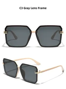 Front and side views of beige square sunglasses with grey lenses and gold hinges