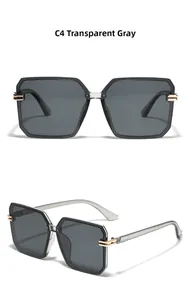 Detail view of transparent grey square sunglasses with gold accents on the hinges