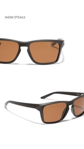 Macro detail of square TR90 sunglasses with brown polarized lenses and matte black frames