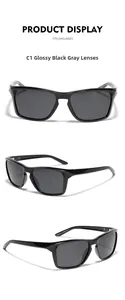 Detailed views of TR90 polarized square sunglasses with shiny black frame and grey lenses