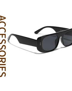 Macro view of wide black temples and silver metal dot details on square sunglasses