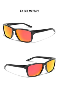 Detail of TR90 square sunglasses showing TR2038 model code and red mirrored lenses