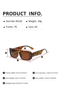 Size chart for 95132 Y2K square sunglasses showing PC frame and AC lens dimensions