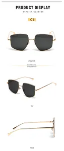 Detailed views of gold metal frame polygon sunglasses with dark grey lenses in 3 angles