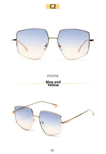 Detail of oversized polygon sunglasses with gold metal frame and blue-yellow gradient lens