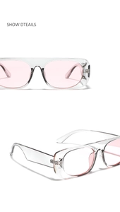 Macro detail of Y2K futuristic transparent sunglasses with light pink lenses and frame info