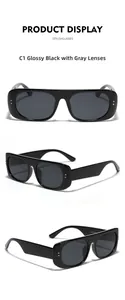 Detailed views of stylish black square frame sunglasses with silver dots and grey lenses