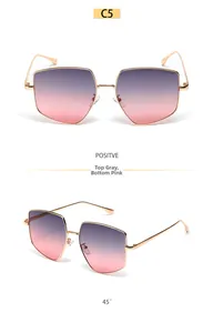 Detailed front and 45-degree angle of gold polygonal sunglasses with grey-pink gradient lenses