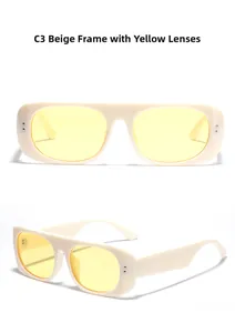 Detail view of Y2K beige square sunglasses with yellow lenses and silver rivet accents