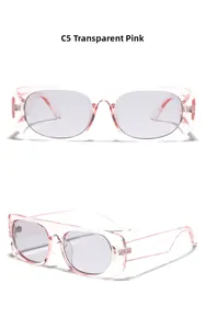 Detailed front and side view of Y2K sunglasses with transparent pink frame and grey lenses