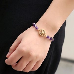 Vintage Purple Amethyst Beaded Bracelet For Women Colorful Rhinestone Spiral Pendant Gold Plated Boho Style Jewelry Gift