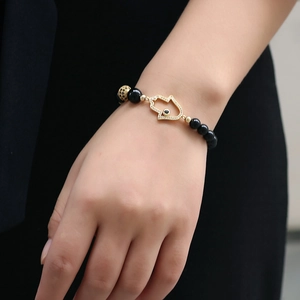 Fashion Black Agate Beaded Bracelet Gold Hamsa Hand Evil Eye Pendant Rhinestone Hollow Design Jewelry For Unisex Gift