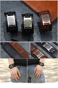 Detailed view of Viking compass leather bracelet with braided edges and metal engraving
