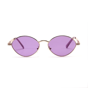 Retro-Oval-Sonnenbrille mit lila Gläsern und schmalem Metallrahmen in Roségold-Optik