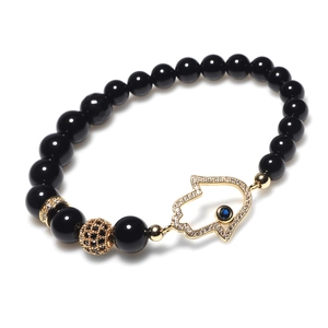 Hamsa Hand beaded bracelet with black onyx stones and sparkling pavé crystal accents