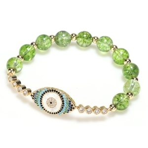 Elegant Evil Eye beaded bracelet with green cracked stones and sparkling zircon accents