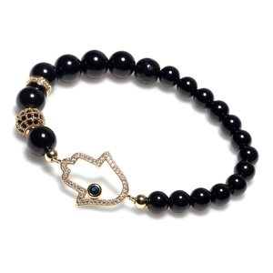Hamsa Hand black agate beaded bracelet with hollow design and sparkling diamonds