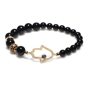 Hamsa Hand beaded bracelet with black onyx stones and sparkling devil eye charm