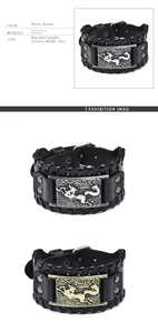 Macro detail of broad split leather bracelet featuring metallic fox head design and dimensions