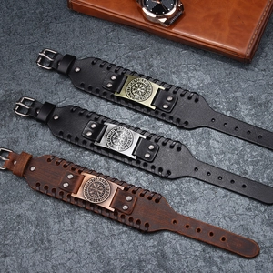 Vintage Viking compass leather bracelet with Nordic runes and bronze metal hardware